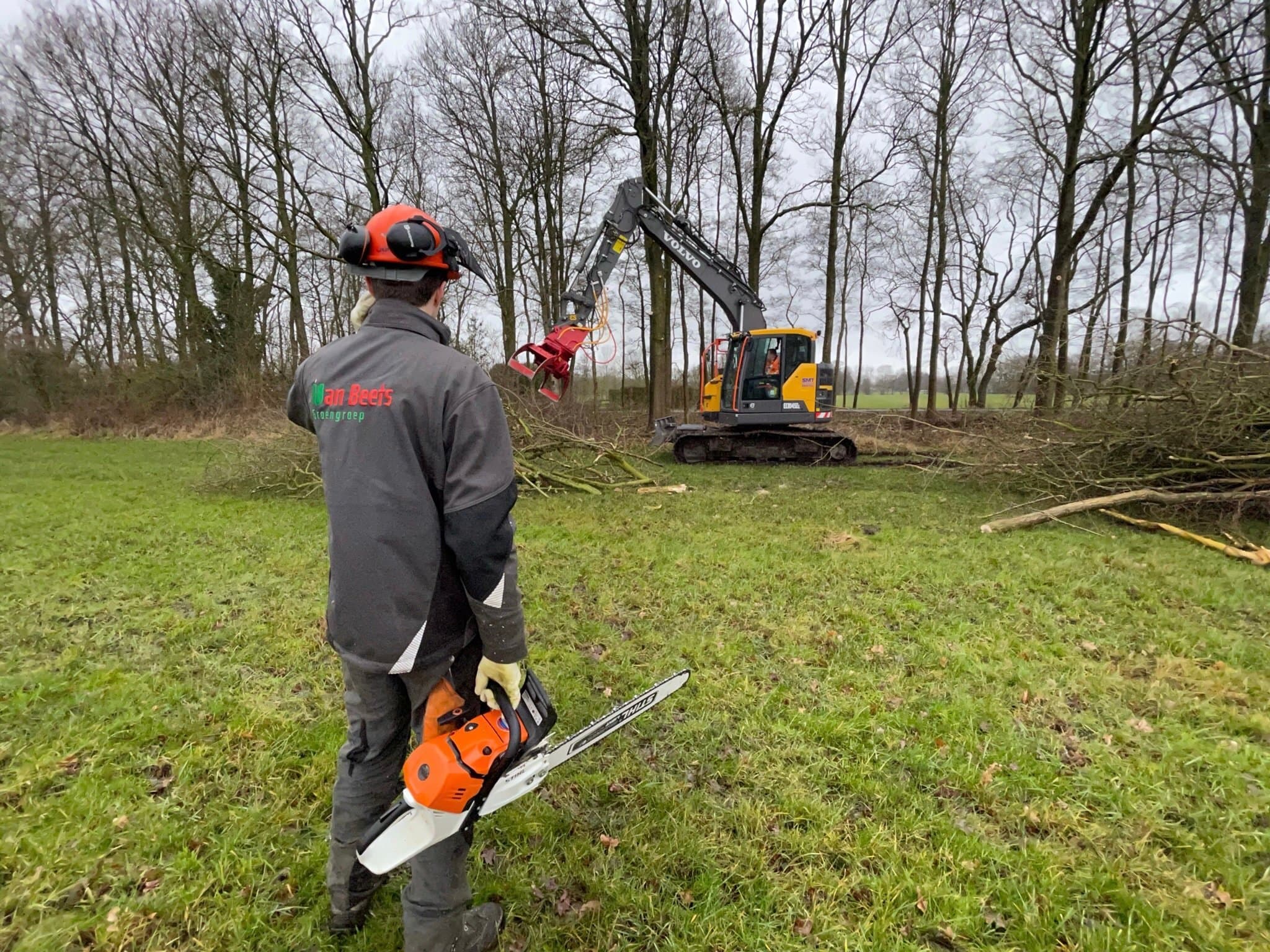 Een collega van Van Beets met kettingzaag en gehoorbescherming kijkt toe hoe een graafmachine met boomvelgrijper takken opruimt tijdens het rooien van bomen in een bosperceel.