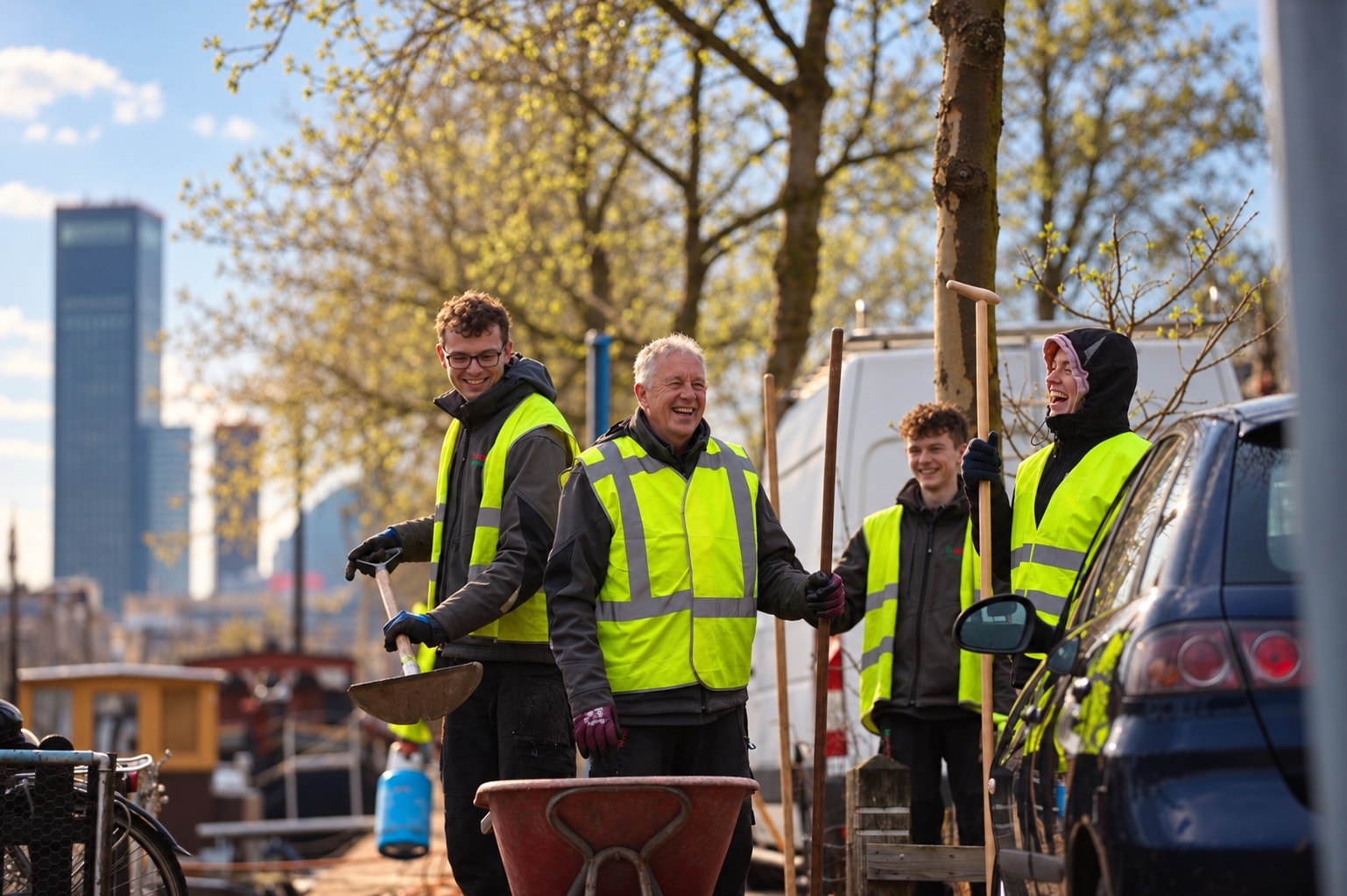 Vier collega's van Van Beets, lachend aan het werk op de kades in Leeuwarden, in werkkleding met geel hesje, met een schep, boomstaken en een kruiwagen bij de hand; op de achtergrond woonboten en de hoogbouw van de stad. Deze foto is met AI bewerkt.